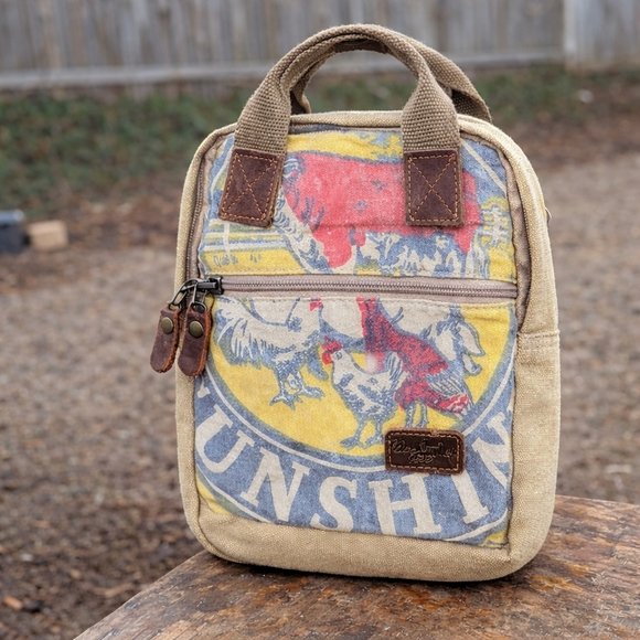 Selina Vaughn Studios Handbags - Selina Vaughan Studios Canvas Mini  Backpack Crossbody Rooster Print Tan Boho